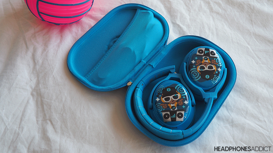 Blue BuddyPhones Cosmos+ in a carrying case.