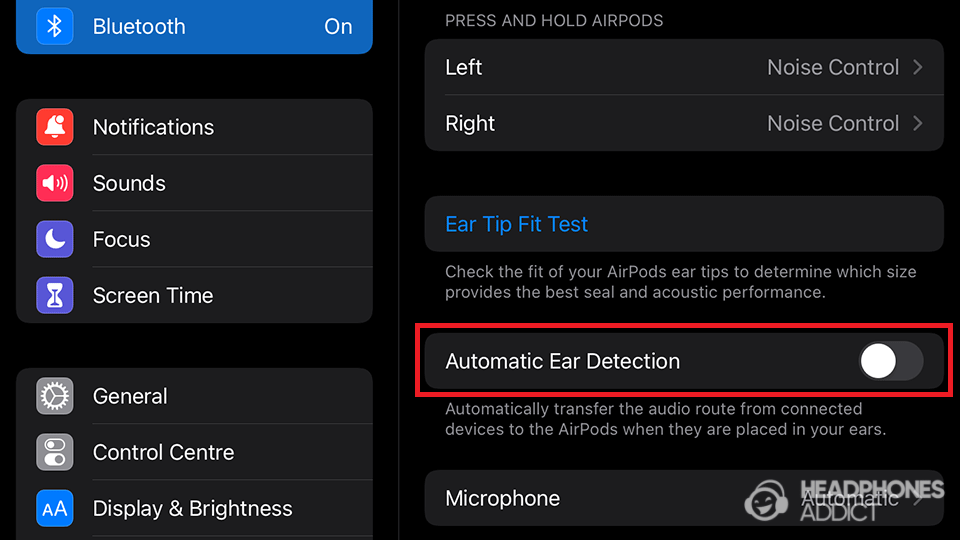 AirPods Automatic ear detection toggle