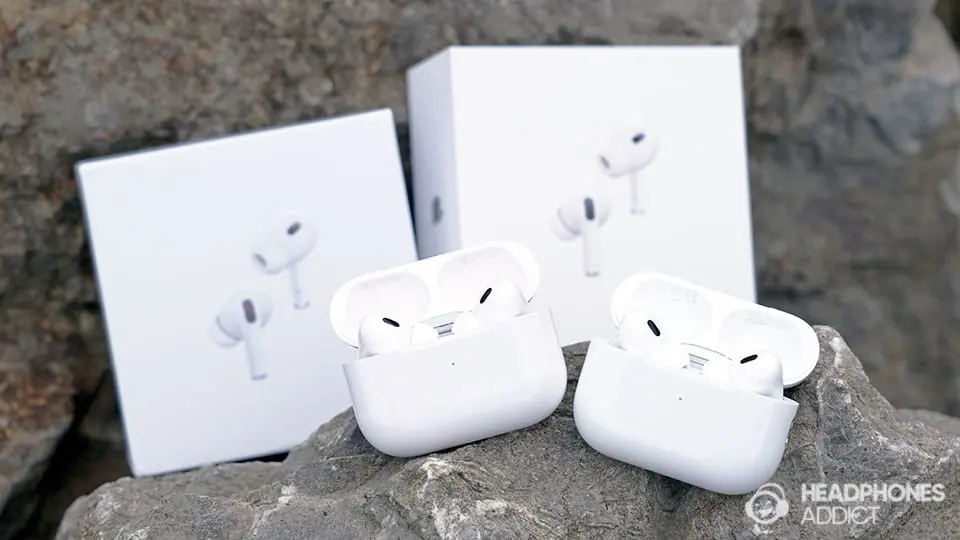 Apple AirPods Pro 2 fake vs real on a rock